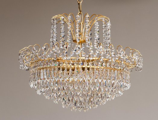 Gold-Plated and Faceted Crystal Chandelier from Rejmyre, Sweden, 1970s-JE-987176