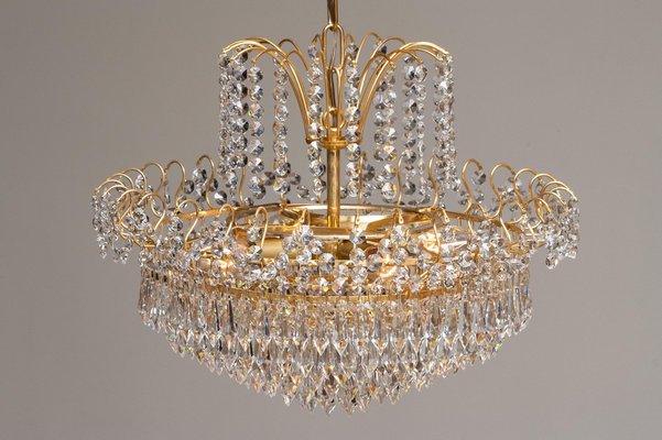 Gold-Plated and Faceted Crystal Chandelier from Rejmyre, Sweden, 1970s-JE-987176