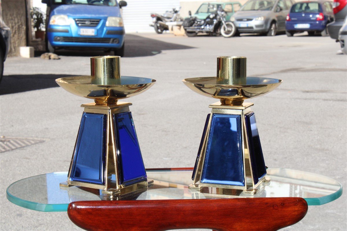 Gold-Plated Brass & Mirrored Glass Candelabras In Bevelled Cobalt Blue, 1950s, Set of 2