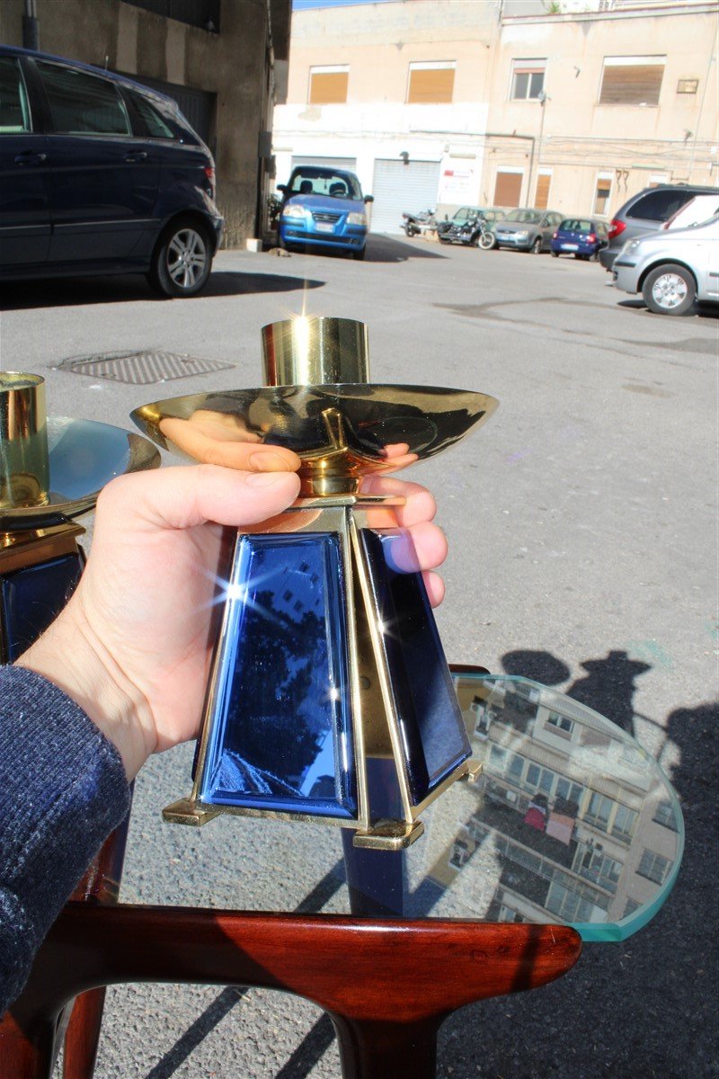 Gold-Plated Brass & Mirrored Glass Candelabras In Bevelled Cobalt Blue, 1950s, Set of 2