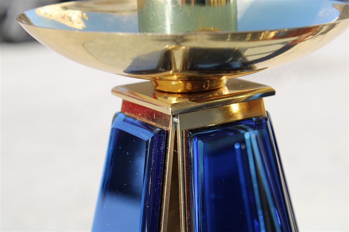 Gold-Plated Brass & Mirrored Glass Candelabras In Bevelled Cobalt Blue, 1950s, Set of 2