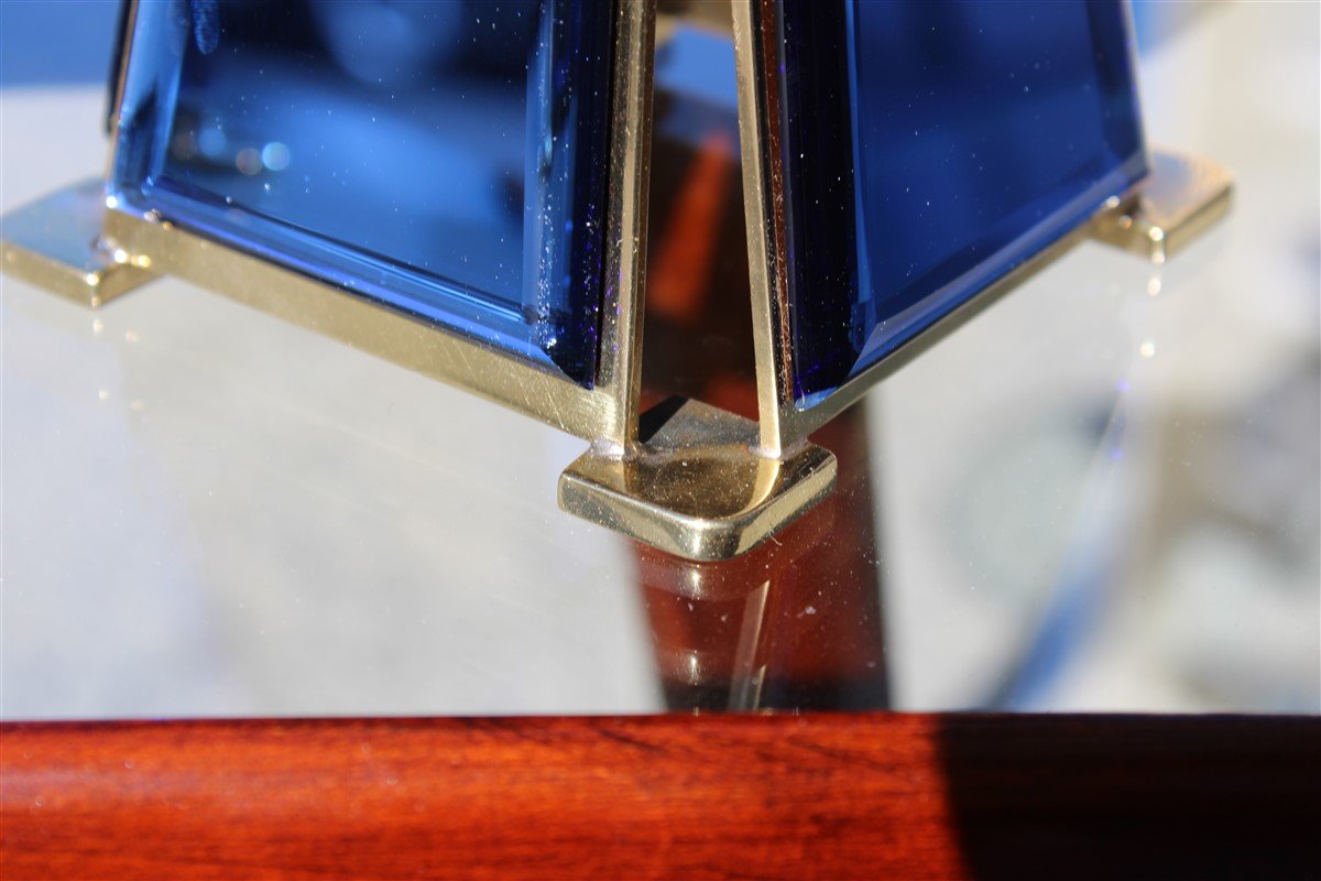 Gold-Plated Brass & Mirrored Glass Candelabras In Bevelled Cobalt Blue, 1950s, Set of 2