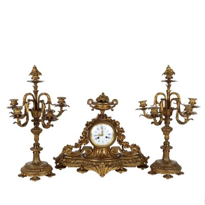 Golden Bronze Triptych Clock & Candle Holders, Set of 3-VMM-1274218