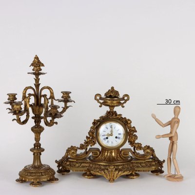 Golden Bronze Triptych Clock & Candle Holders, Set of 3-VMM-1274218