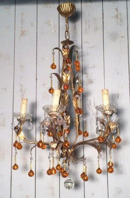 Golden Chandelier with Amber-Colored Glass Drops, 1940s-BA-1365660