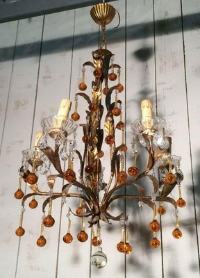 Golden Chandelier with Amber-Colored Glass Drops, 1940s-BA-1365660