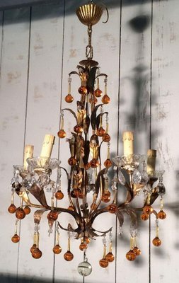 Golden Chandelier with Amber-Colored Glass Drops, 1940s-BA-1365660