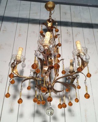 Golden Chandelier with Amber-Colored Glass Drops, 1940s-BA-1365660