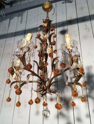 Golden Chandelier with Amber-Colored Glass Drops, 1940s-BA-1365660