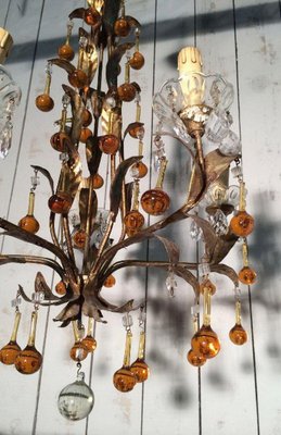 Golden Chandelier with Amber-Colored Glass Drops, 1940s-BA-1365660