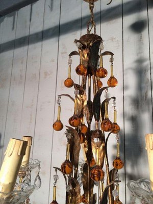 Golden Chandelier with Amber-Colored Glass Drops, 1940s-BA-1365660