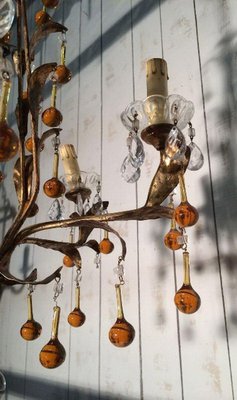 Golden Chandelier with Amber-Colored Glass Drops, 1940s-BA-1365660