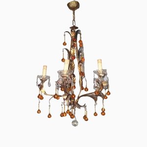 Golden Chandelier with Amber-Colored Glass Drops, 1940s-BA-1365660