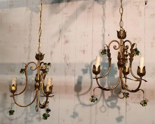 Golden Chandeliers with Colored Crystals, 1960s, Set of 2-BA-1365678