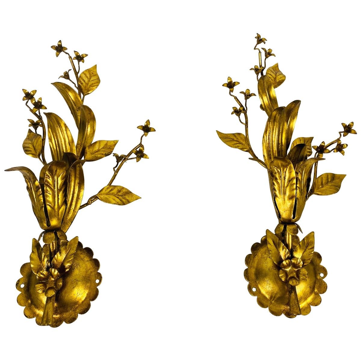 Golden Florentine Flower Shape Wall Lamps by Banci, Italy, 1970s, Set of 2