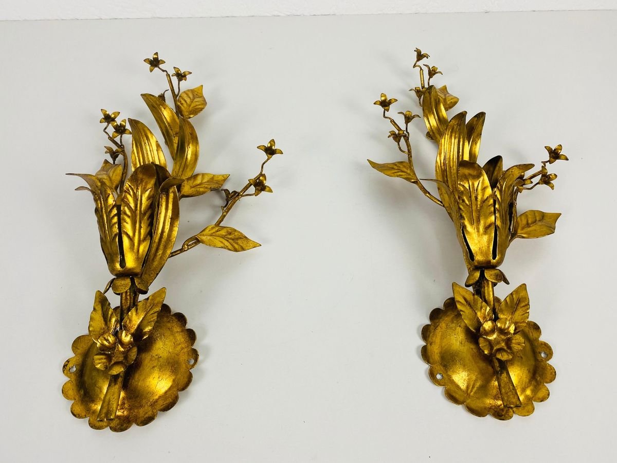 Golden Florentine Flower Shape Wall Lamps by Banci, Italy, 1970s, Set of 2