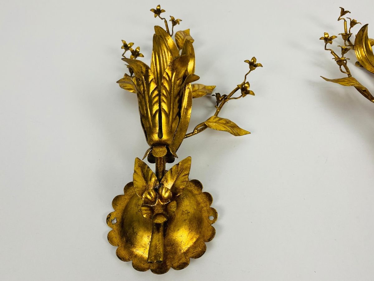 Golden Florentine Flower Shape Wall Lamps by Banci, Italy, 1970s, Set of 2