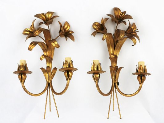 Golden Flower Wall Lights in Metal, 1960s, Set of 2-YBU-1377386