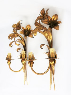 Golden Flower Wall Lights in Metal, 1960s, Set of 2-YBU-1377386