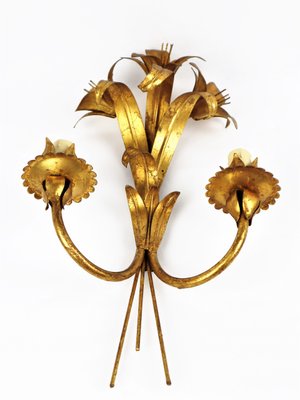 Golden Flower Wall Lights in Metal, 1960s, Set of 2-YBU-1377386