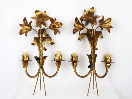 Golden Flower Wall Lights in Metal, 1960s, Set of 2-YBU-1377386