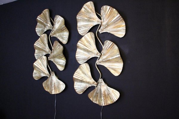 Golden Gingko Murano Glass Leaf Sconces in the style of Tommaso Barbi, 2000, Set of 2-YF-1421353