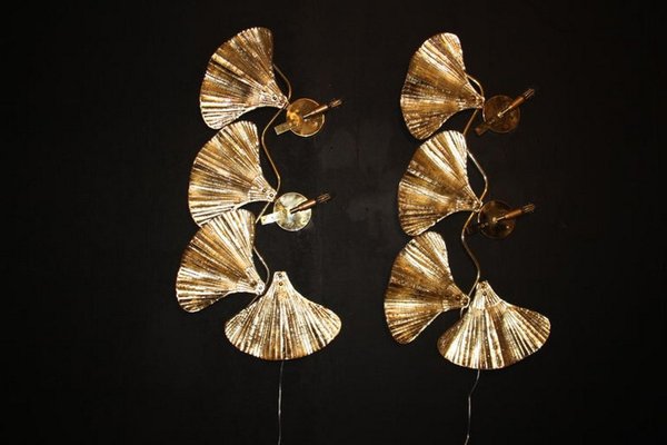 Golden Gingko Murano Glass Leaf Sconces in the style of Tommaso Barbi, 2000, Set of 2-YF-1421353