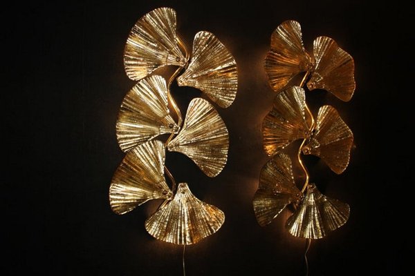 Golden Gingko Murano Glass Leaf Sconces in the style of Tommaso Barbi, 2000, Set of 2-YF-1421353