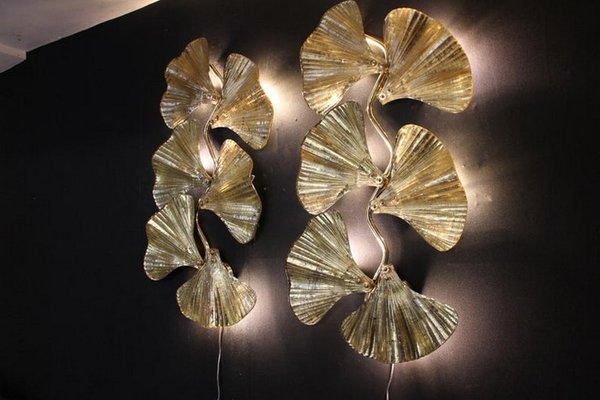 Golden Gingko Murano Glass Leaf Sconces in the style of Tommaso Barbi, 2000, Set of 2-YF-1421353