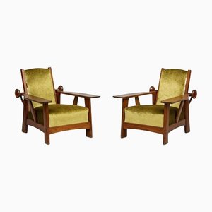 Golden Green Velvet Adjustable Armchairs, 1930, Set of 2-GDD-1153817