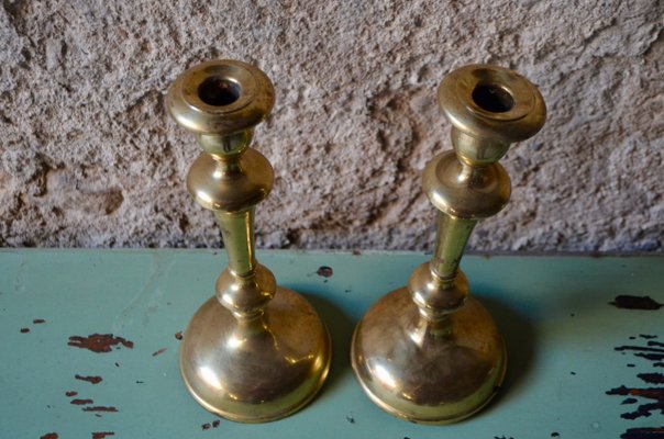 Golden Metal Candleholders, 1940s, Set of 2-AIU-704066