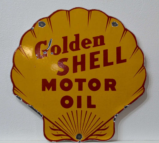 Golden Shell Motor Oil Enameled Plaque, 1950s