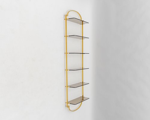 Golden Wall Shelf with Smoked Glass Shelves, Italy, 1960s-KQB-1807041