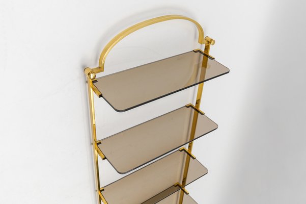 Golden Wall Shelf with Smoked Glass Shelves, Italy, 1960s-KQB-1807041