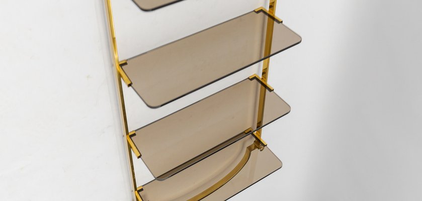 Golden Wall Shelf with Smoked Glass Shelves, Italy, 1960s-KQB-1807041