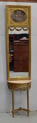 Golden Wood Mirror & Half Moon Console, Set of 2-RVK-764494