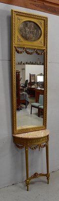 Golden Wood Mirror & Half Moon Console, Set of 2-RVK-764494