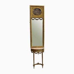 Golden Wood Mirror & Half Moon Console, Set of 2-RVK-764494