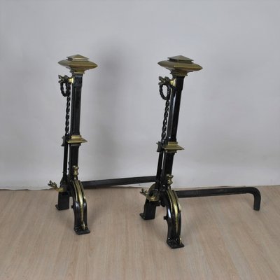 Gothic Style Bronze and Iron Andirons, 19th Century, Set of 2-SYQ-1187413