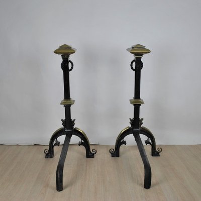 Gothic Style Bronze and Iron Andirons, 19th Century, Set of 2-SYQ-1187413