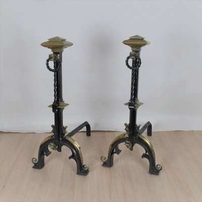 Gothic Style Bronze and Iron Andirons, 19th Century, Set of 2-SYQ-1187413