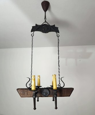 Gothic Style Chandelier in Wrought Iron and Wood, 1940s-ZST-1742578