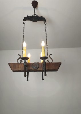 Gothic Style Chandelier in Wrought Iron and Wood, 1940s-ZST-1742578