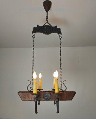 Gothic Style Chandelier in Wrought Iron and Wood, 1940s-ZST-1742578