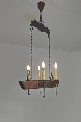 Gothic Style Chandelier in Wrought Iron and Wood, 1940s-ZST-1742578