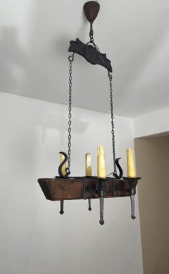 Gothic Style Chandelier in Wrought Iron and Wood, 1940s-ZST-1742578