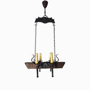 Gothic Style Chandelier in Wrought Iron and Wood, 1940s-ZST-1742578