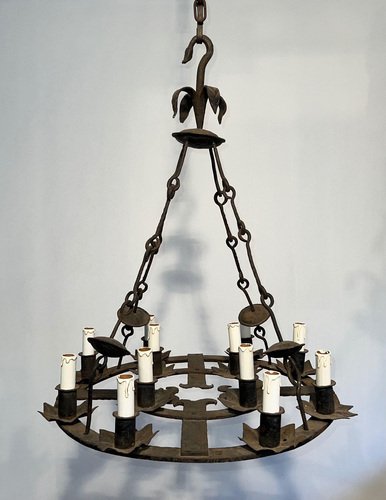 Gothic Style Wrought Iron Chandelier with 12 Lights, 1940s