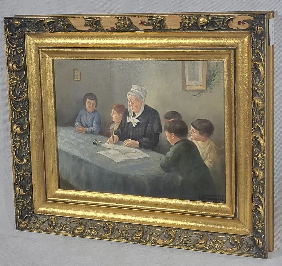 Grandmother Writing on the Front, Oil Painting on Wood, 19th Century