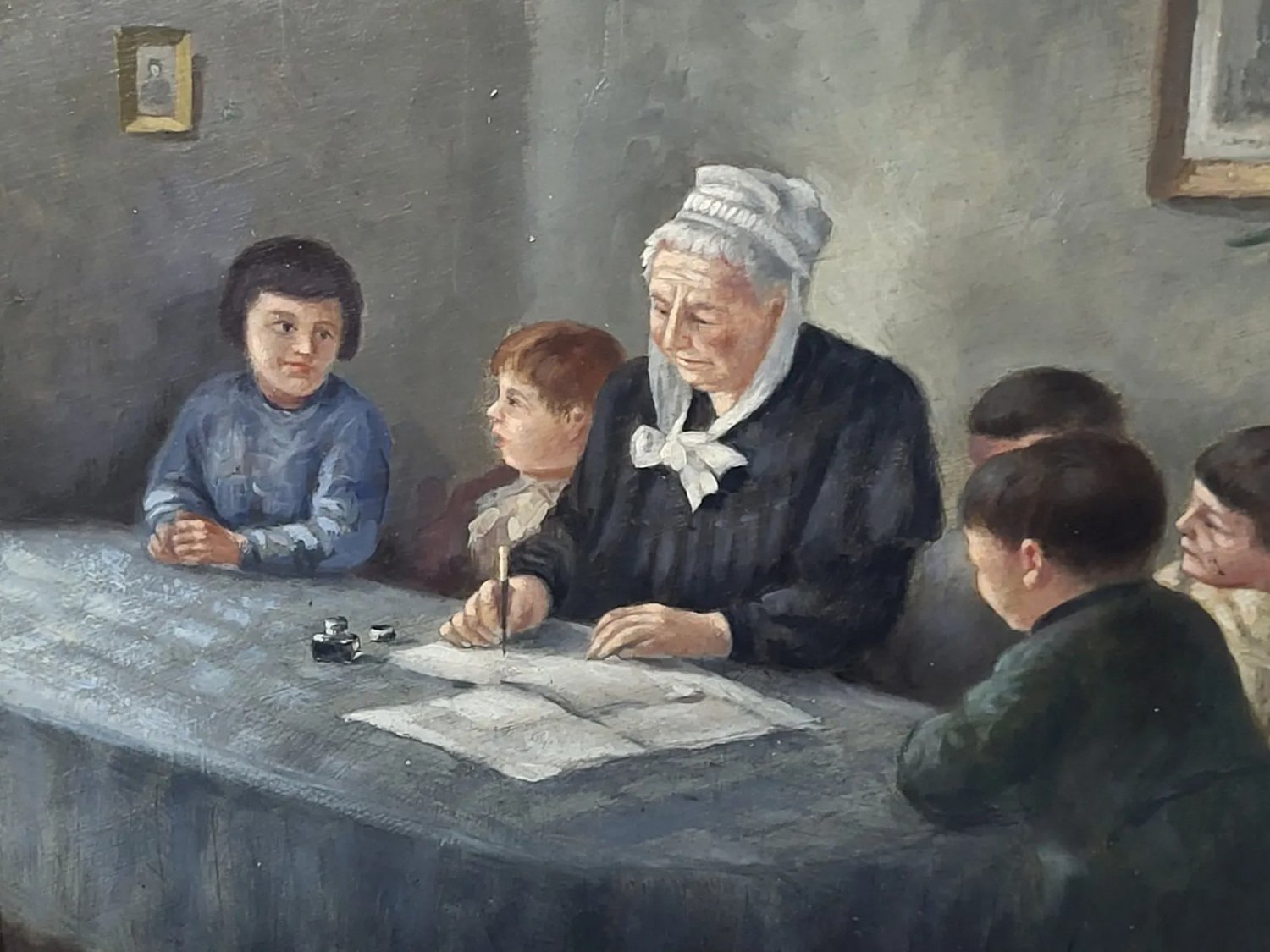 Grandmother Writing on the Front, Oil Painting on Wood, 19th Century